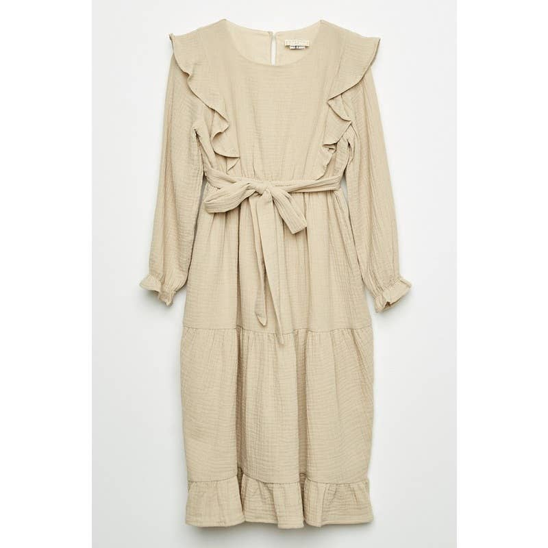 Textured Long Sleeve Ruffle Midi Dress