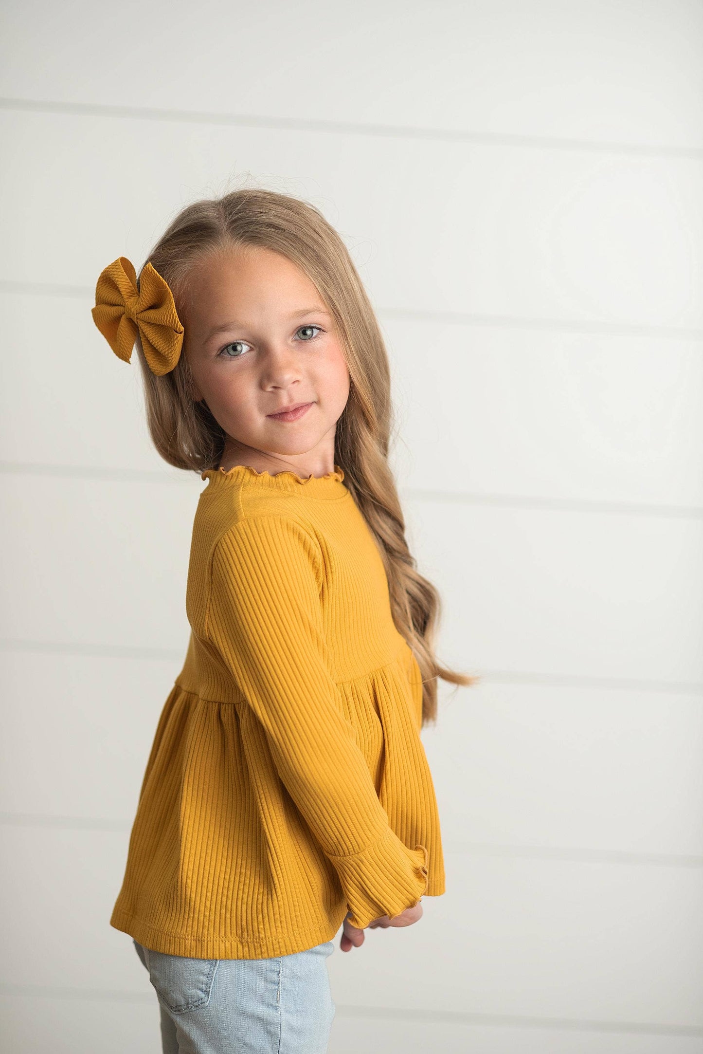 Fall Mustard Long Sleeve Lettuce Trim Ribbed Shirt
