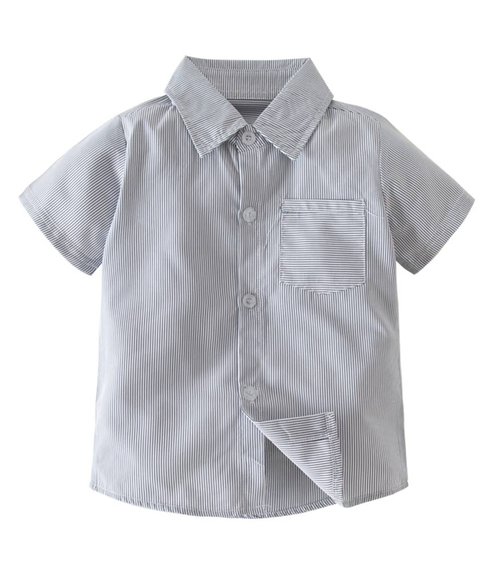 Grey Stripe Boy Cotton Button-Down Short-Sleeve Dress Shirt