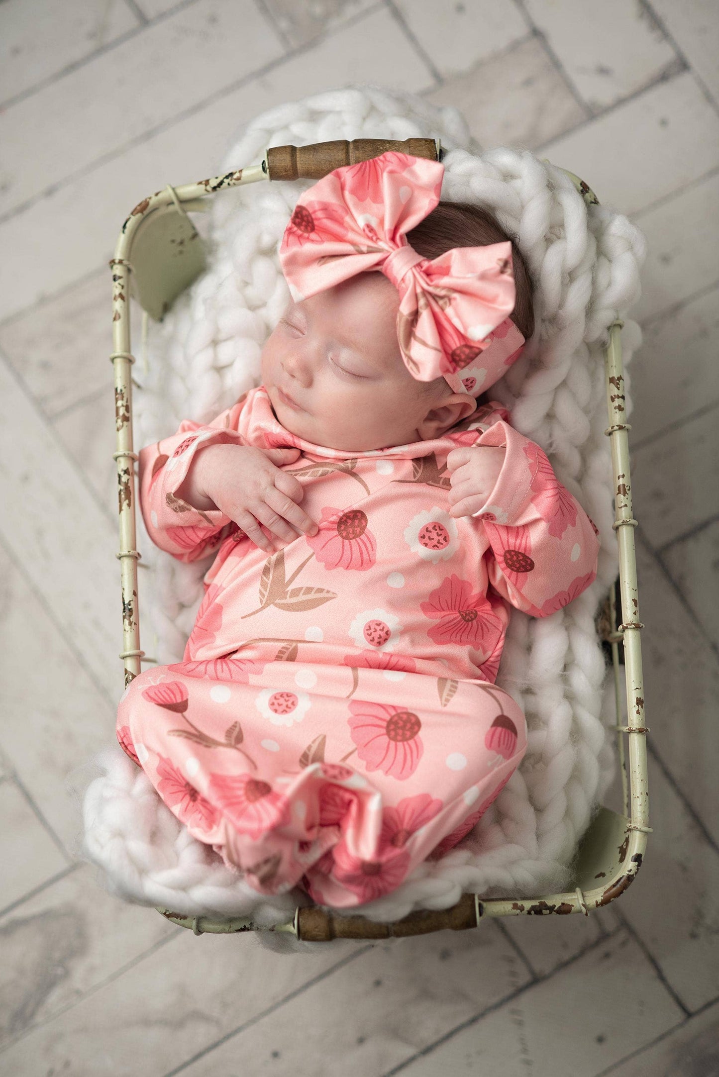 Pink Flower Stem Baby Gown & Bow Headband