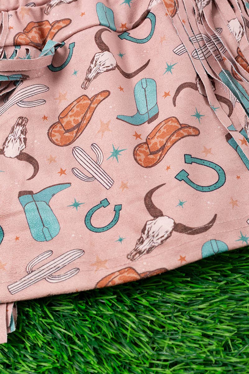 Western Printed Faux Suede Skirt w/Fringe