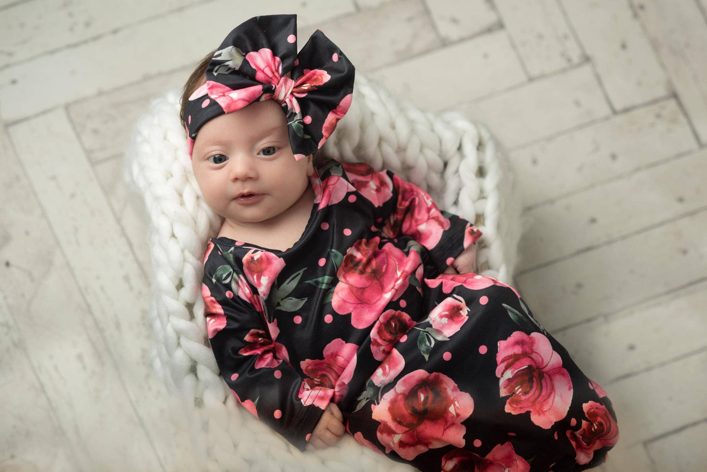 Black Dot Rose Baby Gown & Bow Headband