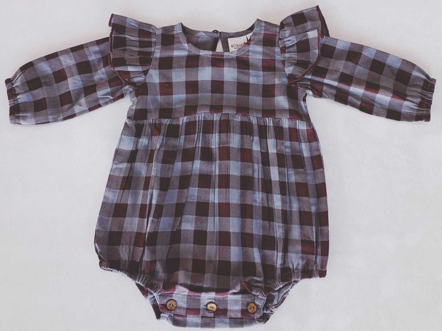 Burgundy Checkered Print Long Sleeve Baby Romper