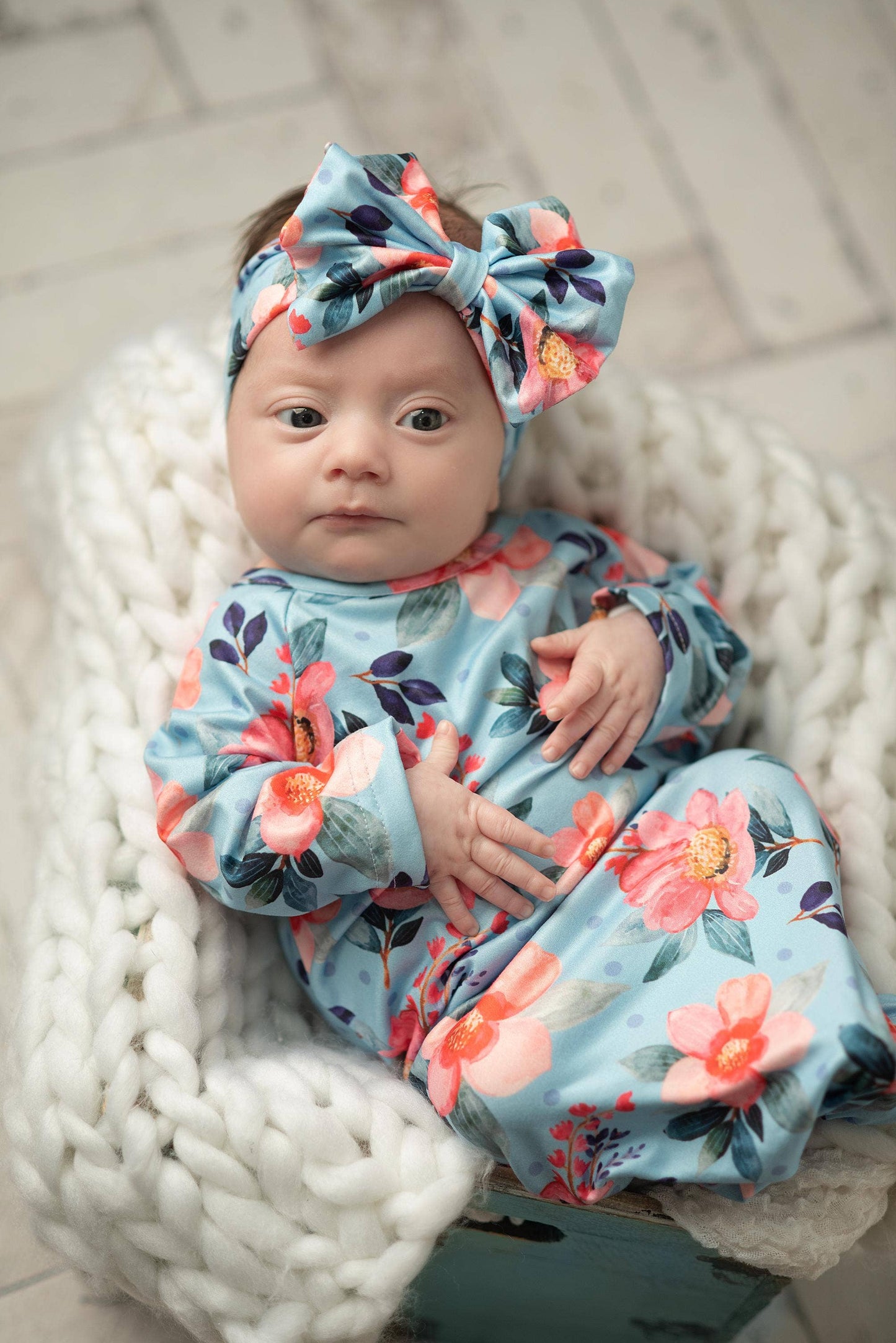 Coral Flower & Blue Baby Gown and Bow Headband
