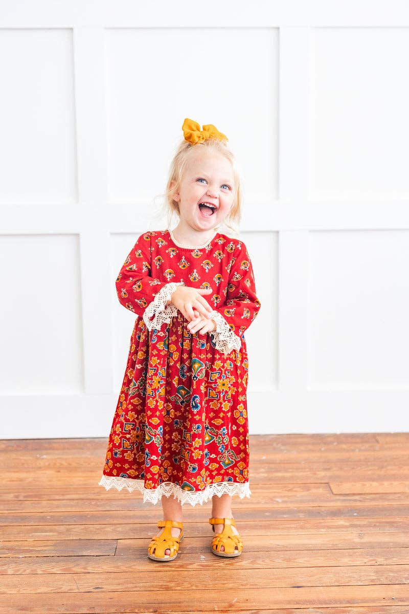 Red & Blue Printed Long Sleeve Lace Detail Dress & Bloomer