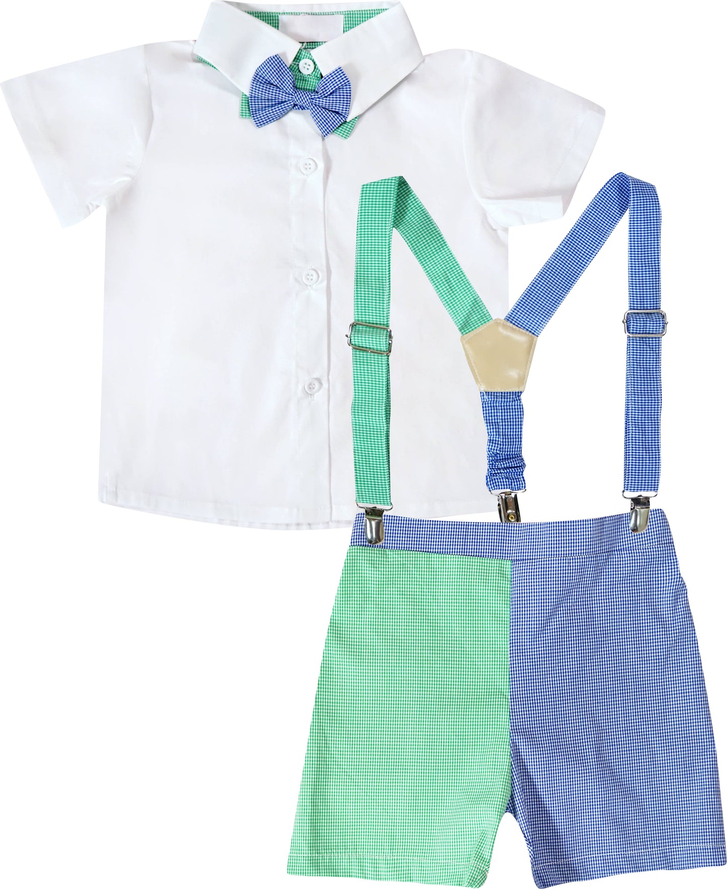 White, Blue & Green Suspender Bowtie Short Suit 4pc