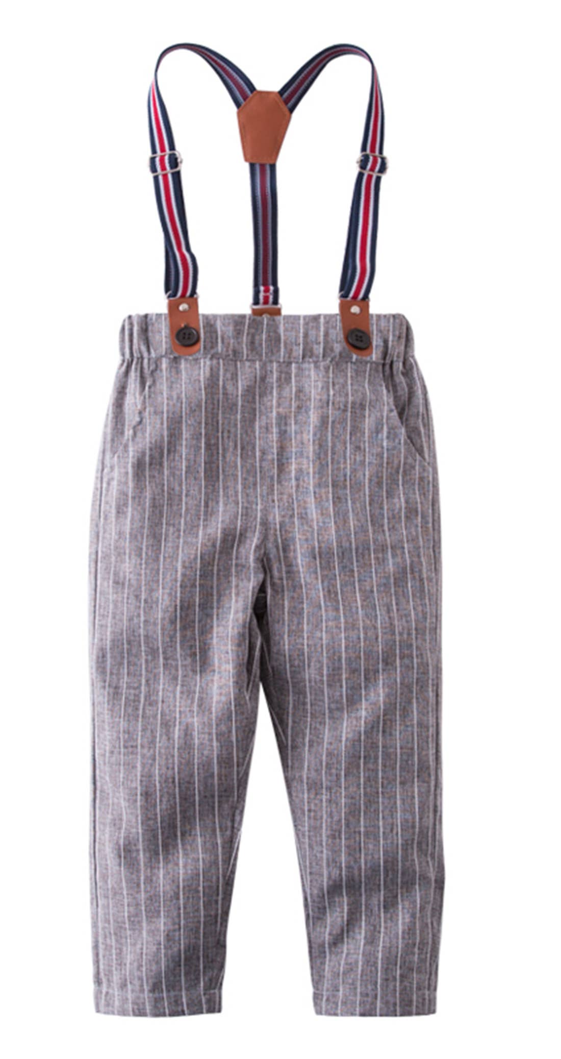 Grey Stripe Cotton Chino Long Pants w/Suspenders