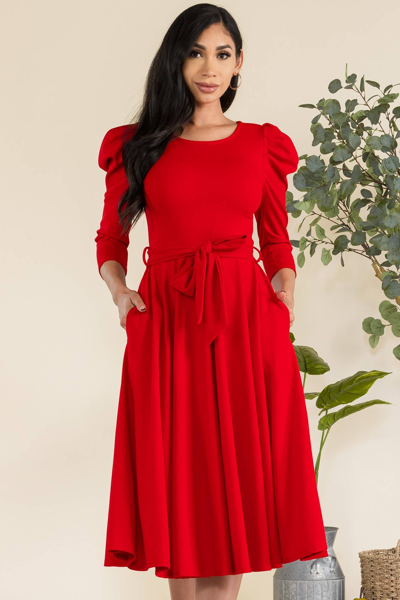 Plus Size Puff Sleeve Midi A-Line Dress