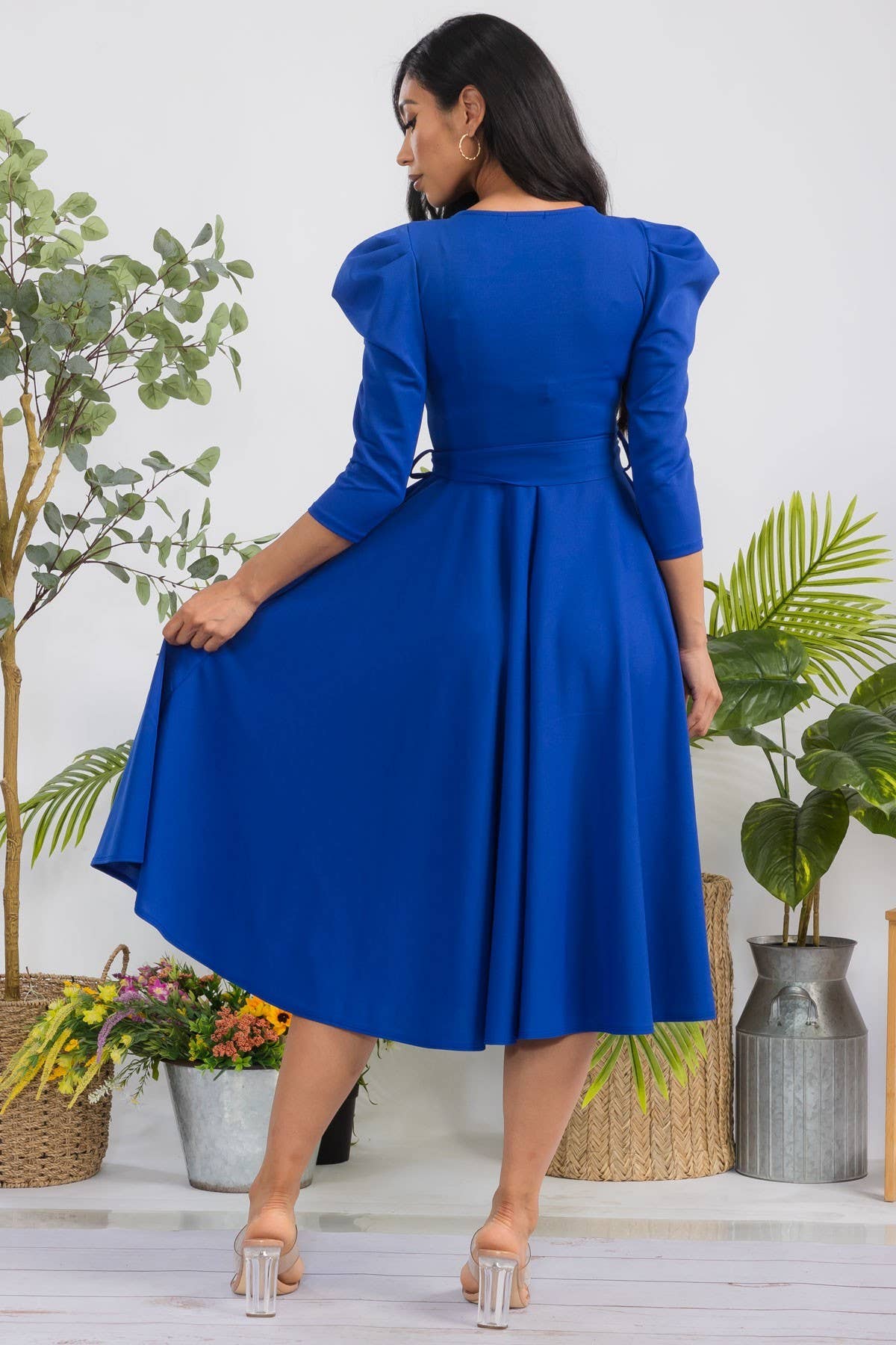 Plus Size Puff Sleeve Midi A-Line Dress