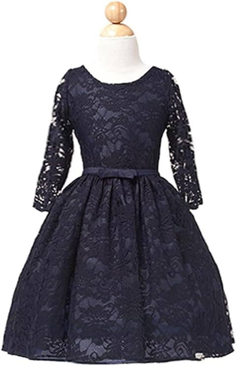 Girls Navy 3/4 Sleeve Sequin Lace Special Occasion Dress