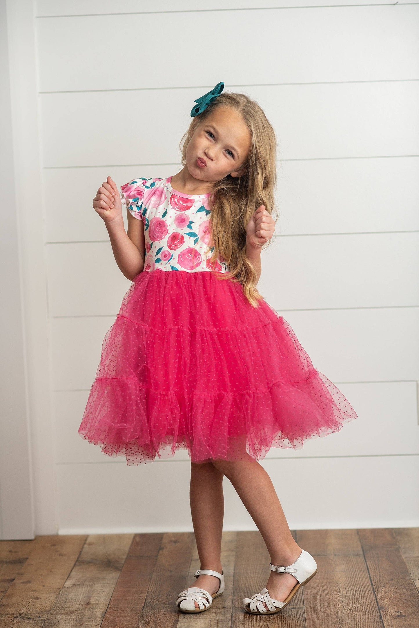 Girls Bright Pink Rose Tiered Tulle Spring Easter Dress