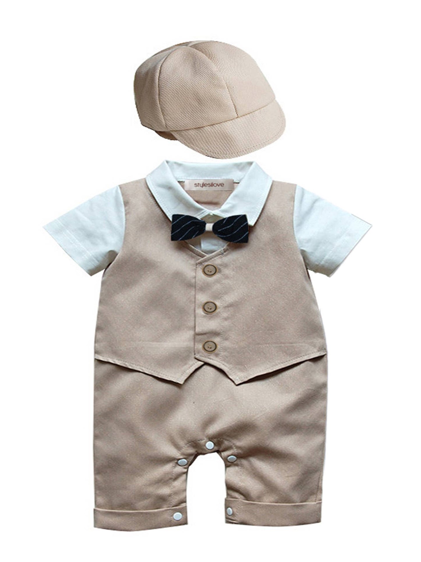 Khaki Tuxedo Baby Romper & Hat