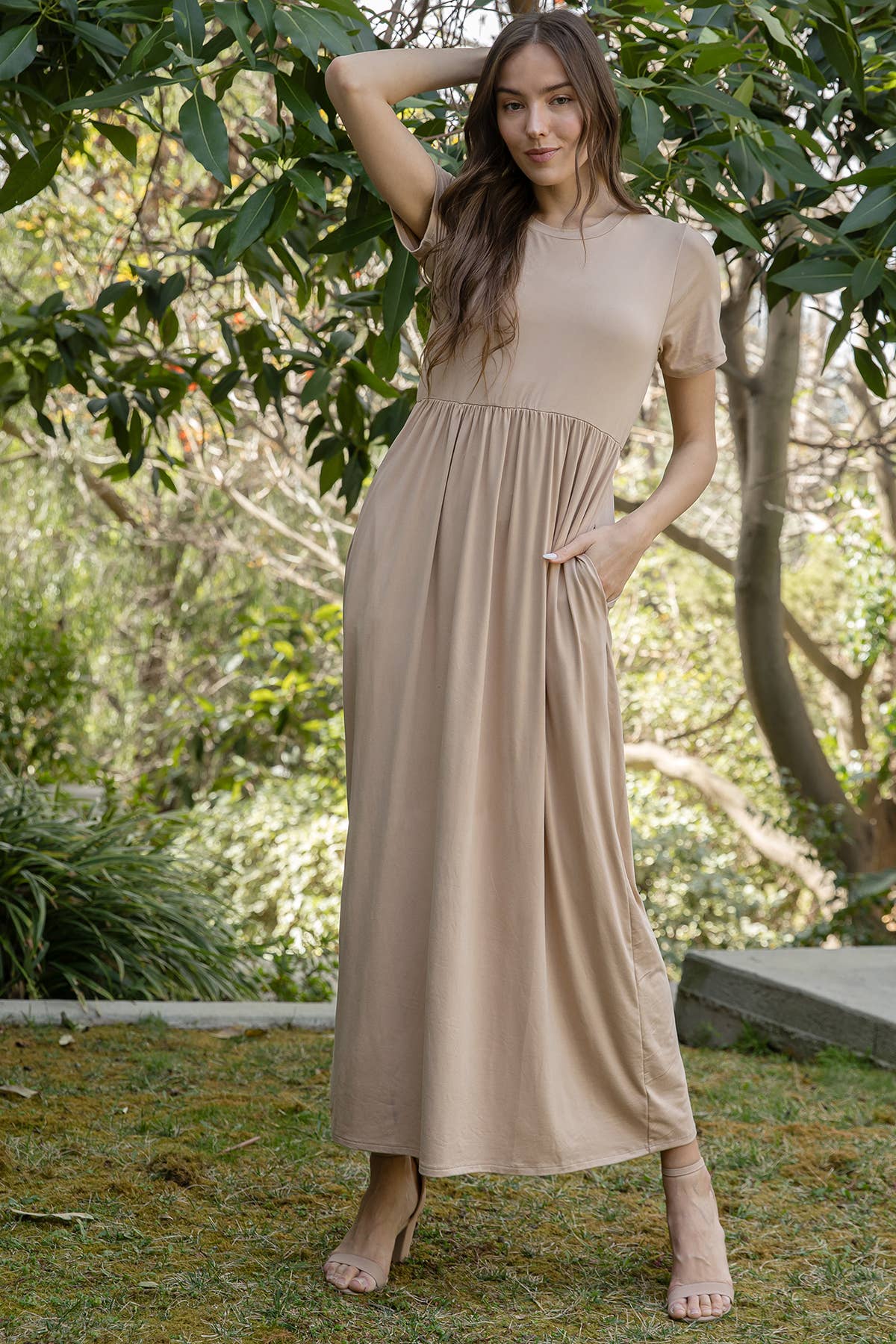 cinch waist maxi dress Short Sleeve Solid – The William Allen Co Boutique All Dresses Shop Satin Bias Maxi Slip style cinched waist and Size:S(6/7)
