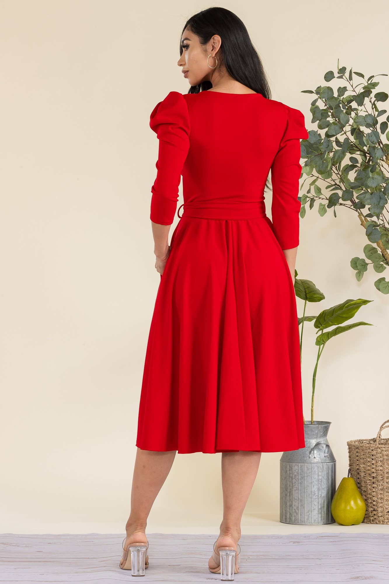 Plus Size Puff Sleeve Midi A-Line Dress