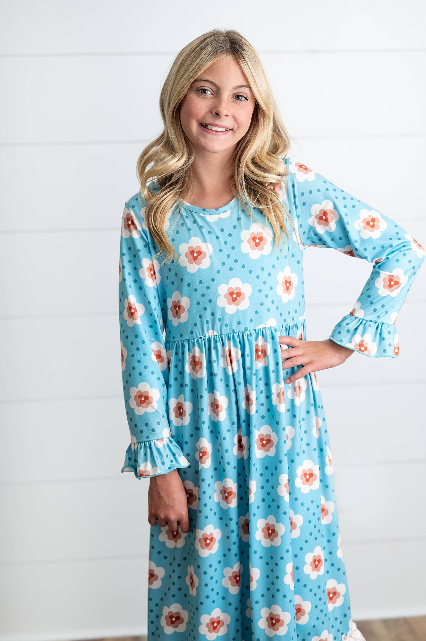 Girls Teal Dot & Floral Long Sleeve 3 Ruffle Dress