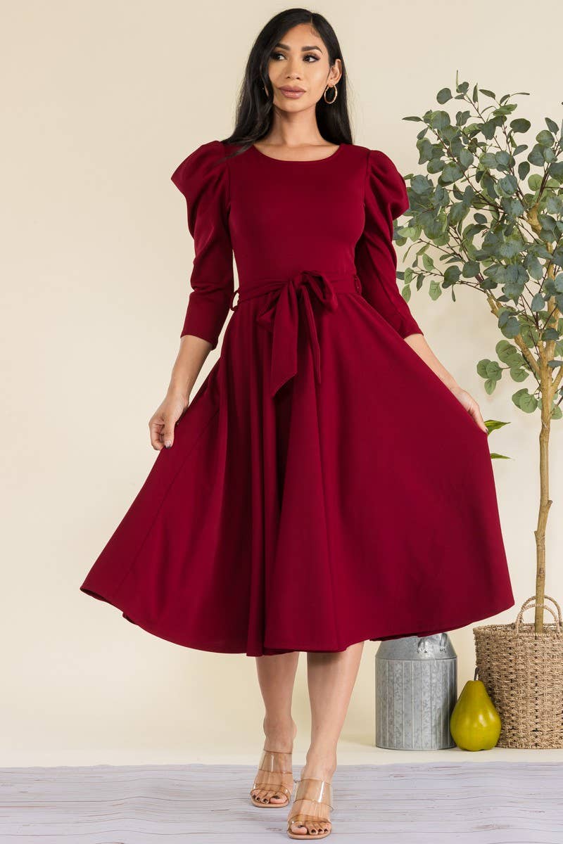 Plus Size Puff Sleeve Midi A-Line Dress