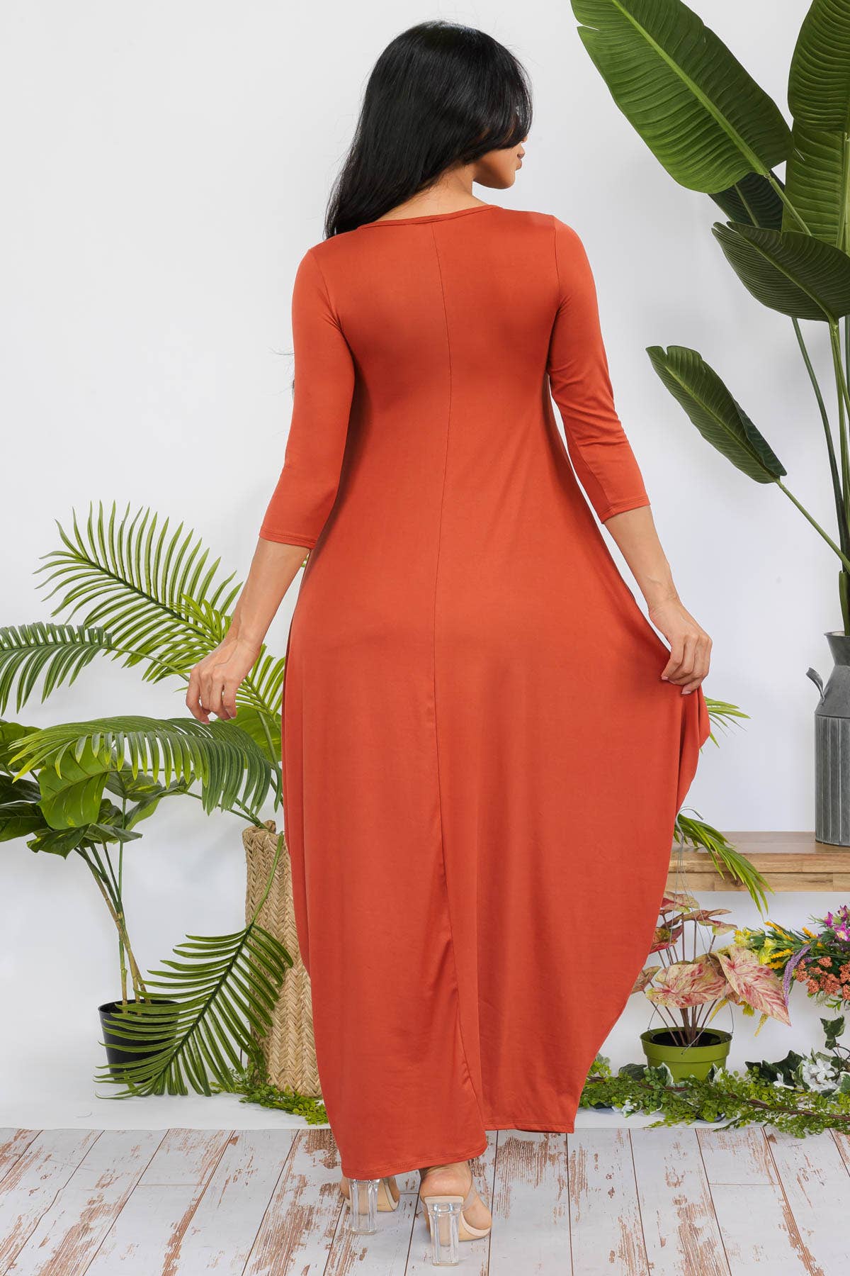 Solid 3/4 Sleeve Maxi Dress