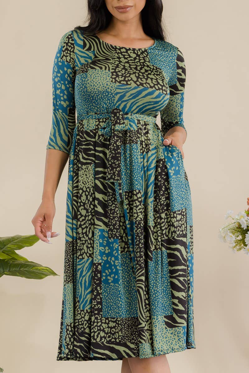 Patchwork 3/4 Sleeve Waist Tie Dress