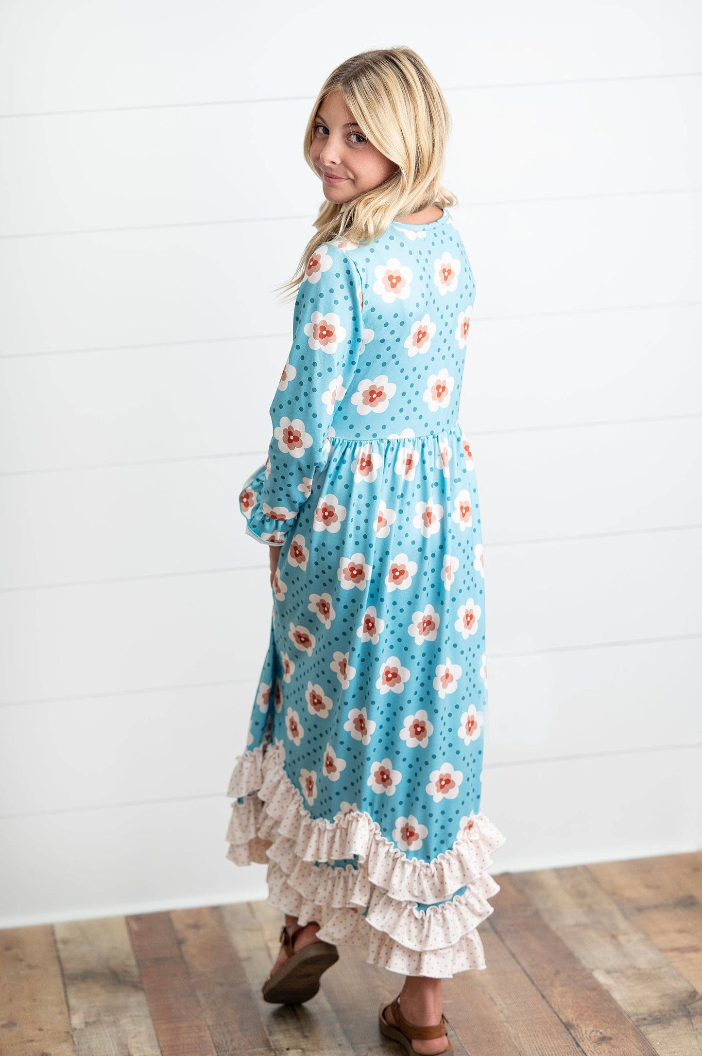 Girls Teal Dot & Floral Long Sleeve 3 Ruffle Dress