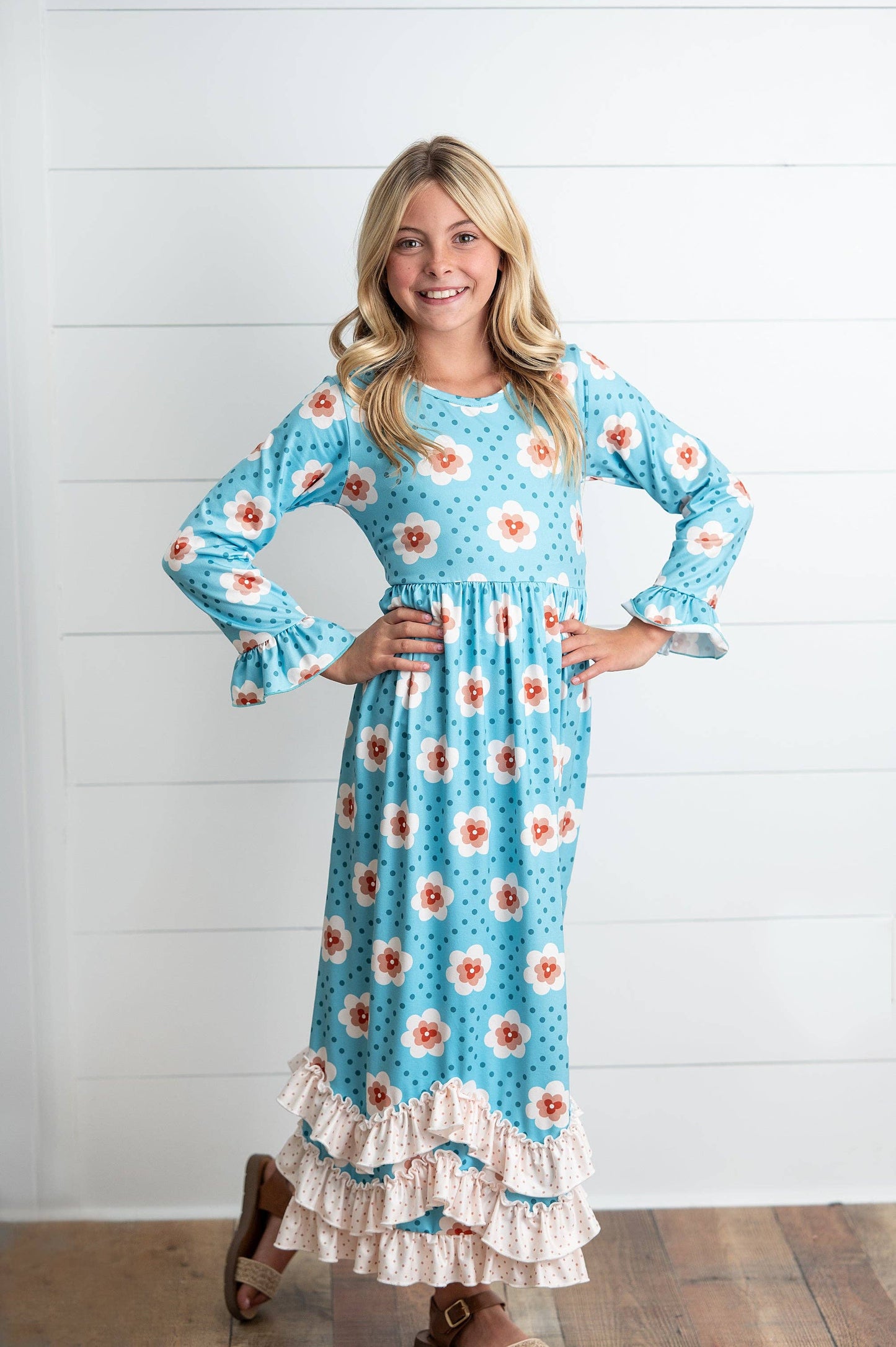Girls Teal Dot & Floral Long Sleeve 3 Ruffle Dress