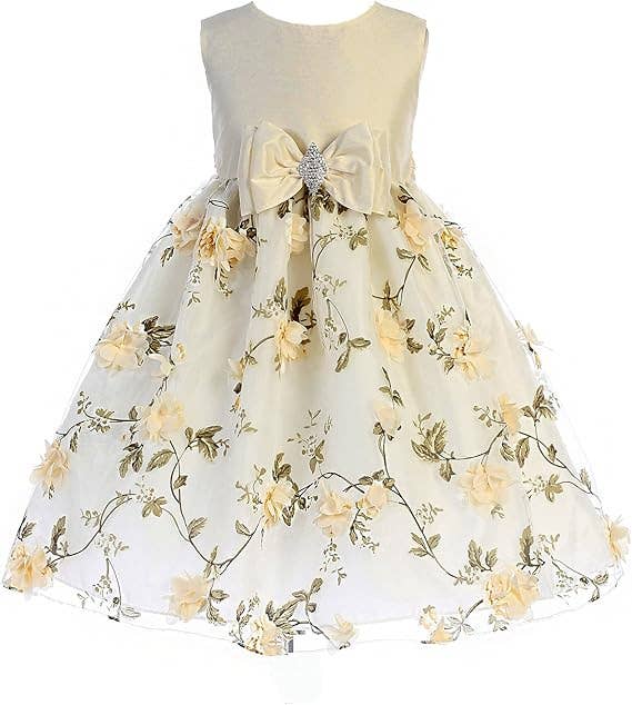 Girls Floral Embroidered Organza Dress with Bow and Brooch