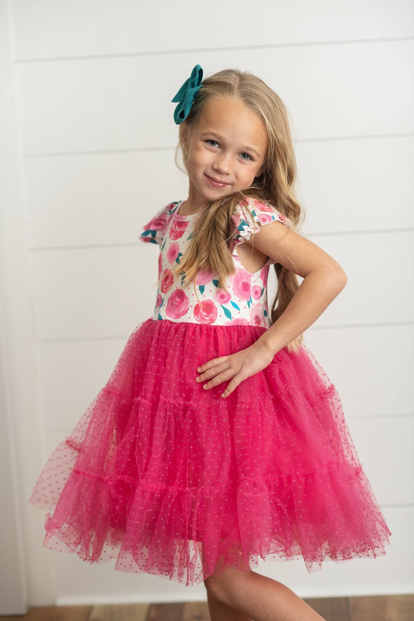 Girls Bright Pink Rose Tiered Tulle Spring Easter Dress