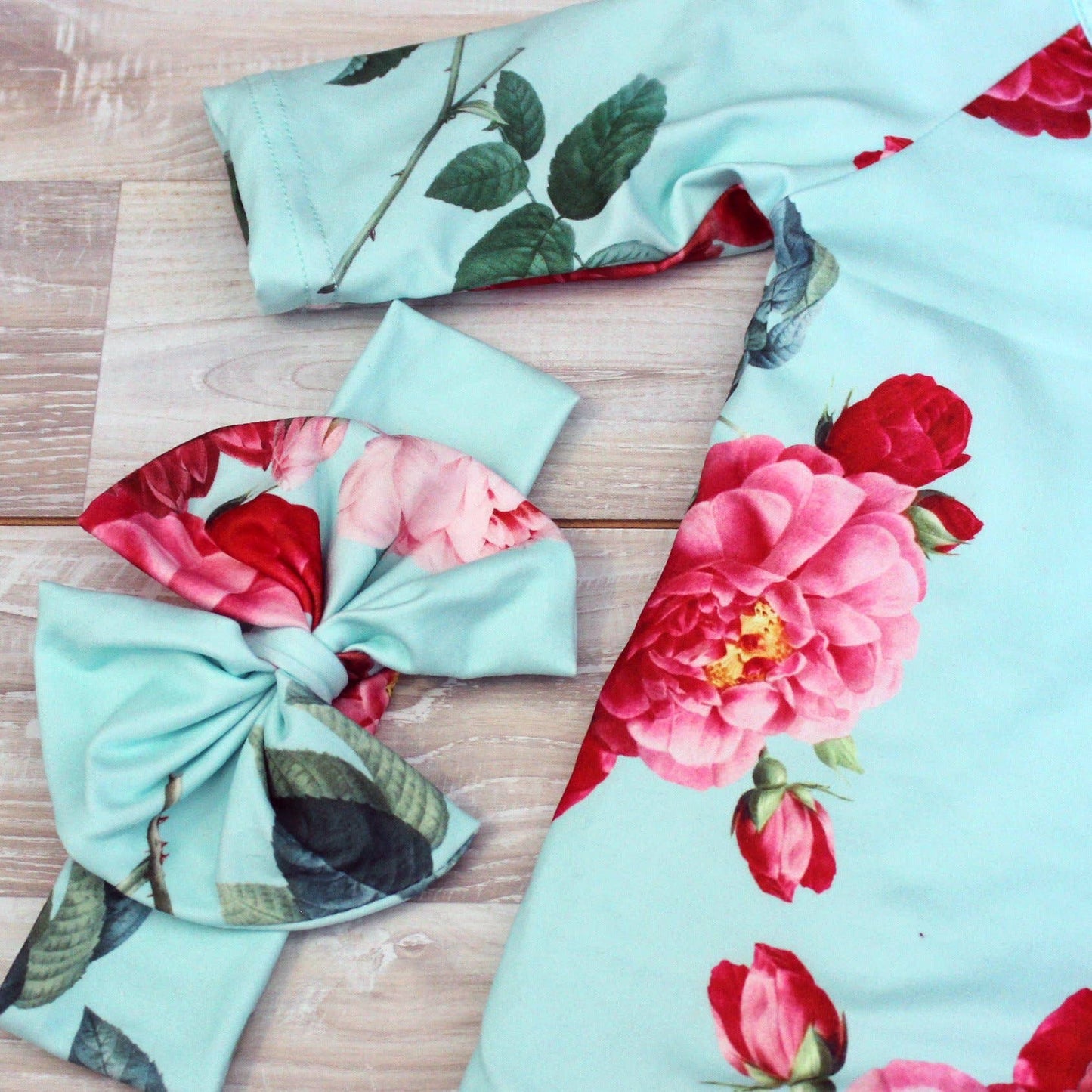 Teal Rose Baby Gown & Bow Headband