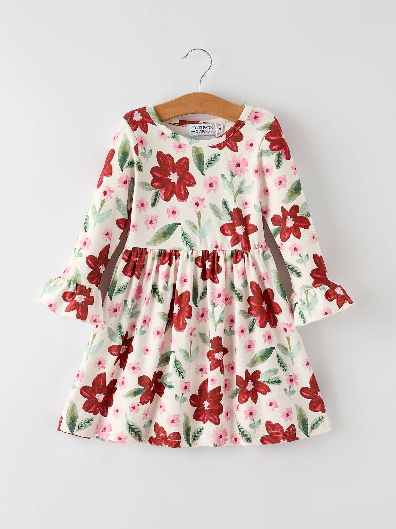 Christmas Girls' Long Sleeve Floral Dress – Red and Pink