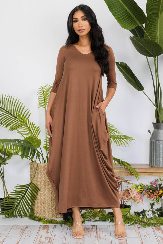 Solid 3/4 Sleeve Maxi Dress