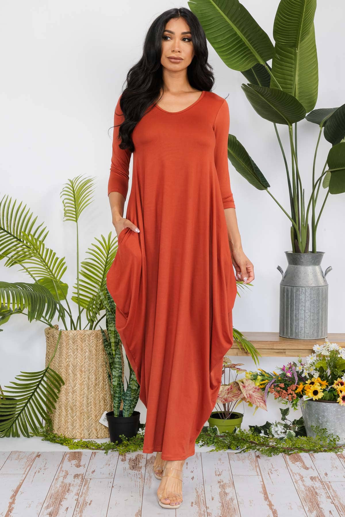 Solid 3/4 Sleeve Maxi Dress