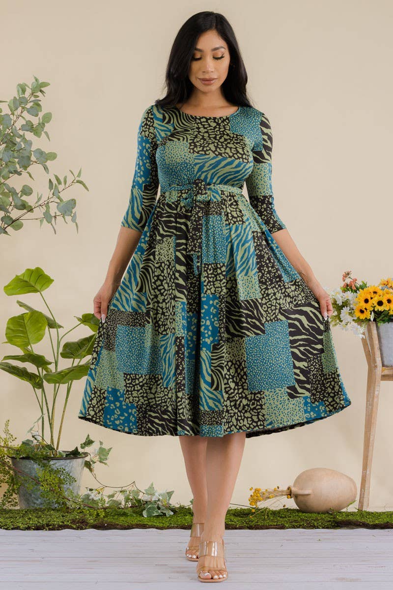 Patchwork 3/4 Sleeve Waist Tie Dress