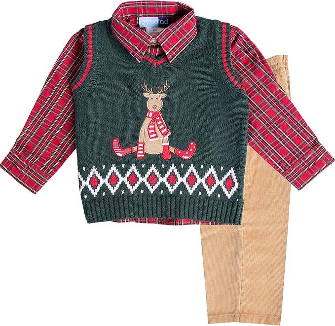 Good Lad Infant Boys Green Christmas Sweater Vest Set