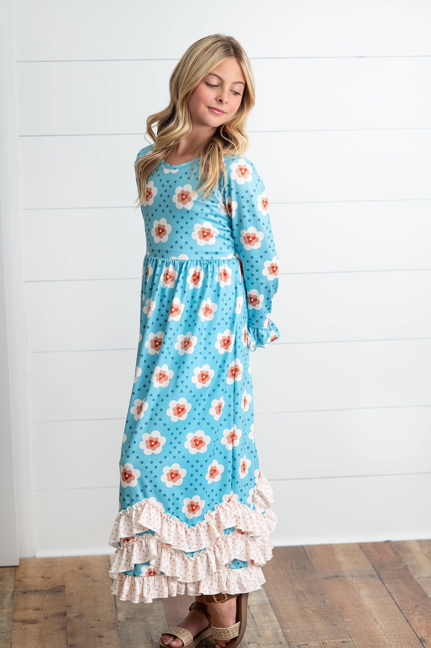 Girls Teal Dot & Floral Long Sleeve 3 Ruffle Dress