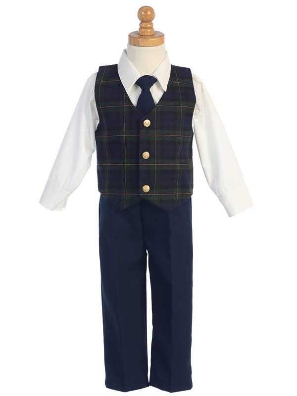 Boys Holiday 4-piece set. Includes pants, shirt, tie and vest. Multiple colors