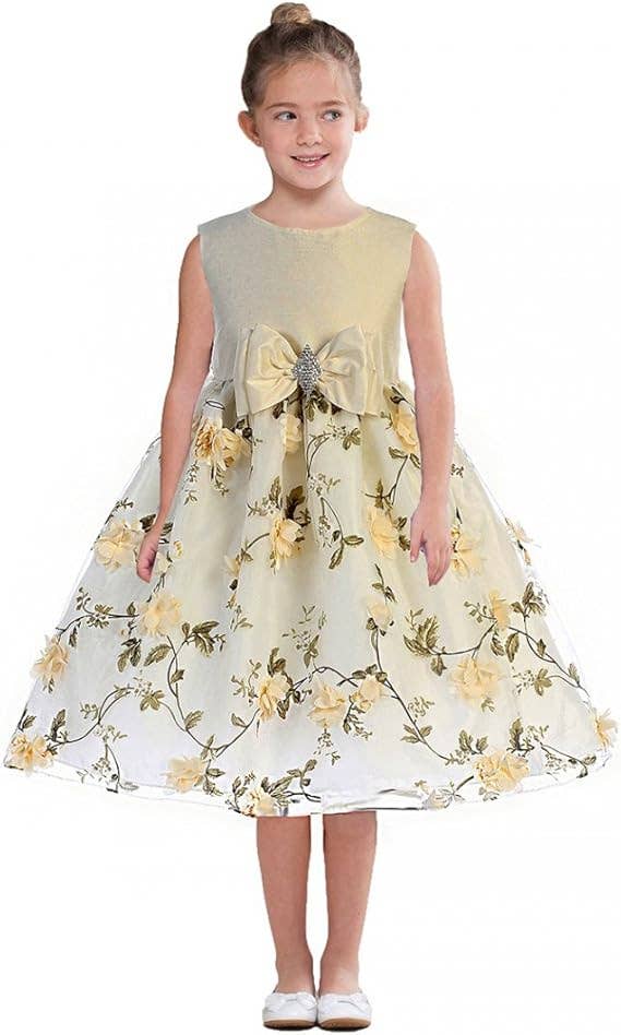 Girls Floral Embroidered Organza Dress with Bow and Brooch