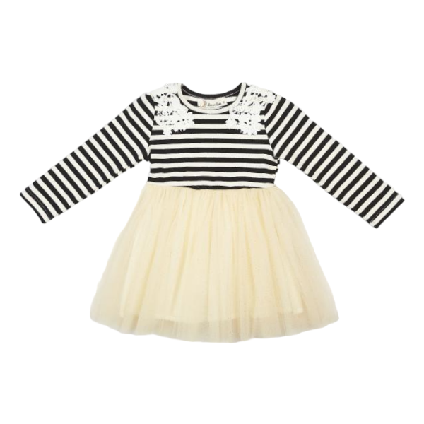 Striped Tully Dress with Floral Shoulder Patch