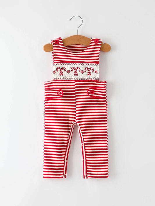 Christmas Candy Cane Smocking Embroidery Striped Baby Boys Romper