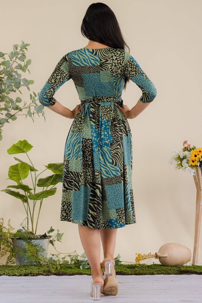 Patchwork 3/4 Sleeve Waist Tie Dress