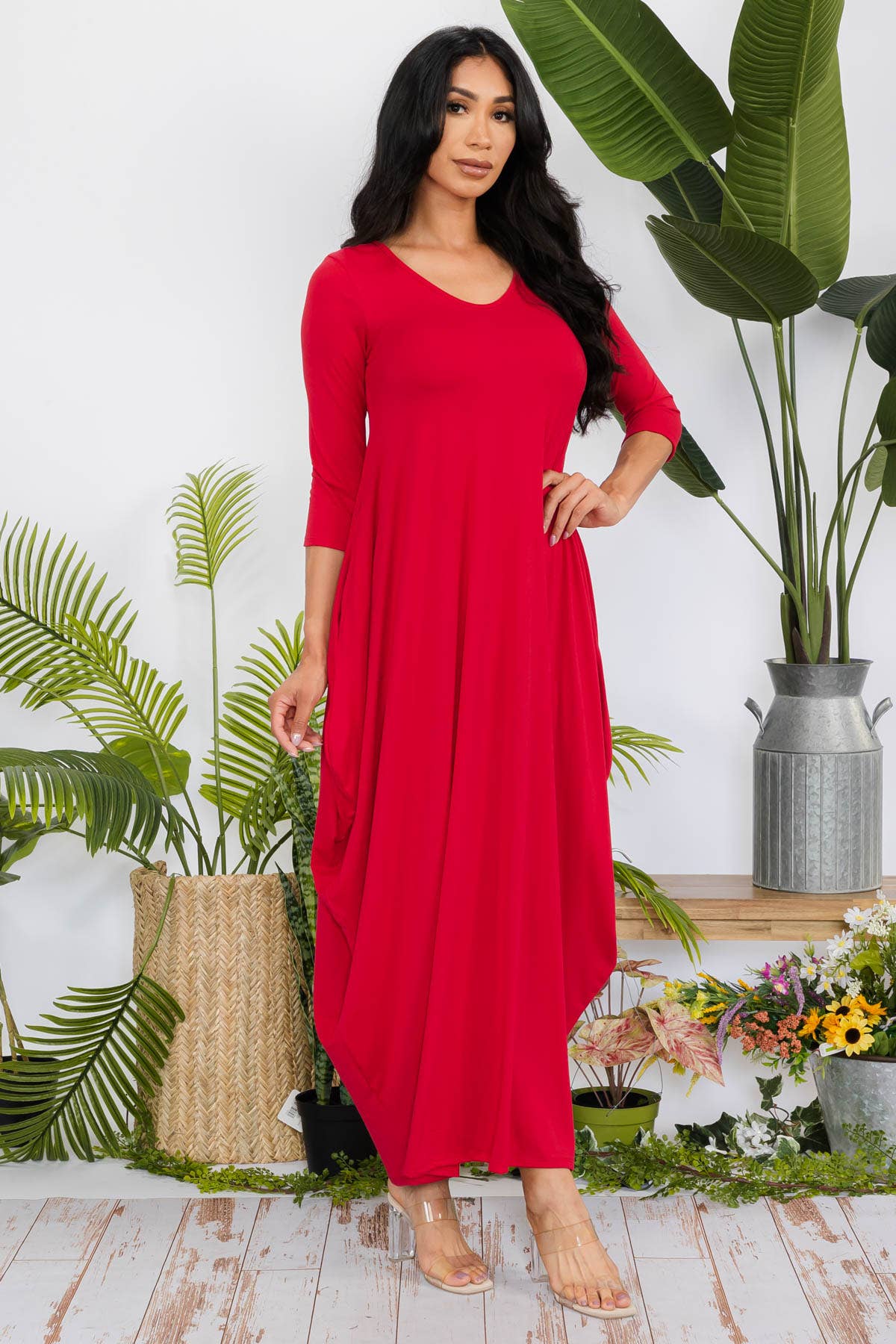 Solid 3/4 Sleeve Maxi Dress