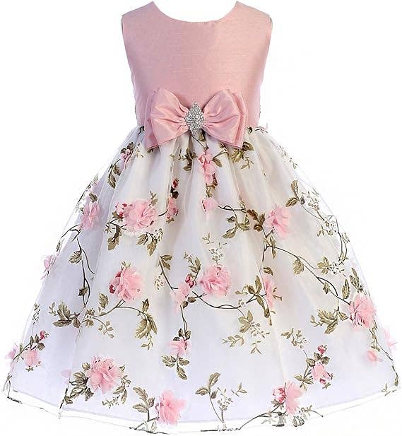 Girls Floral Embroidered Organza Dress with Bow and Brooch