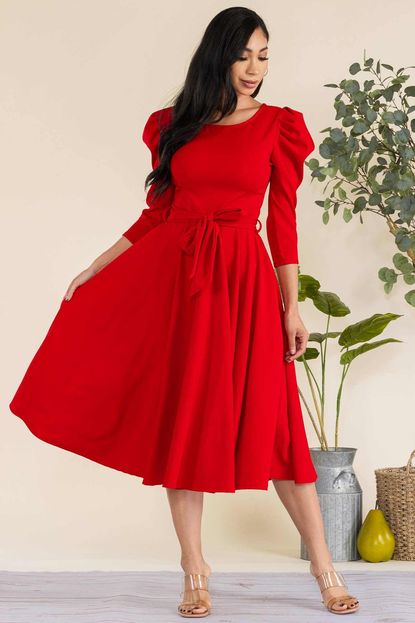 Plus Size Puff Sleeve Midi A-Line Dress