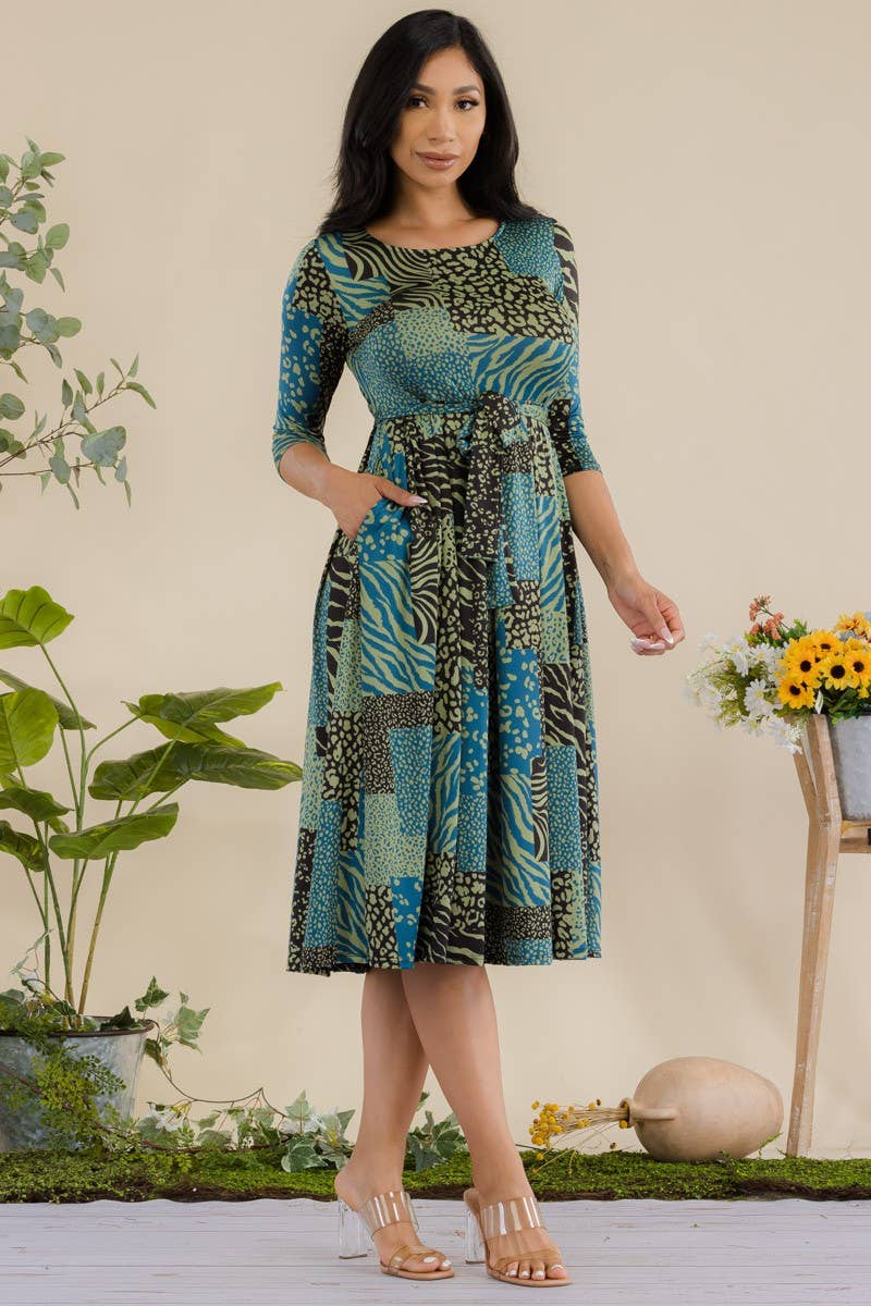 Patchwork 3/4 Sleeve Waist Tie Dress