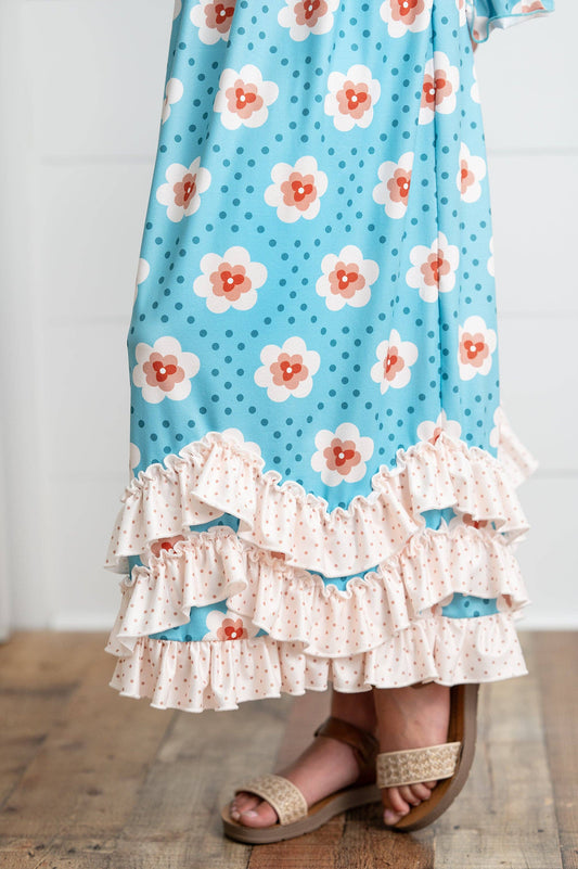 Girls Teal Dot & Floral Long Sleeve 3 Ruffle Dress
