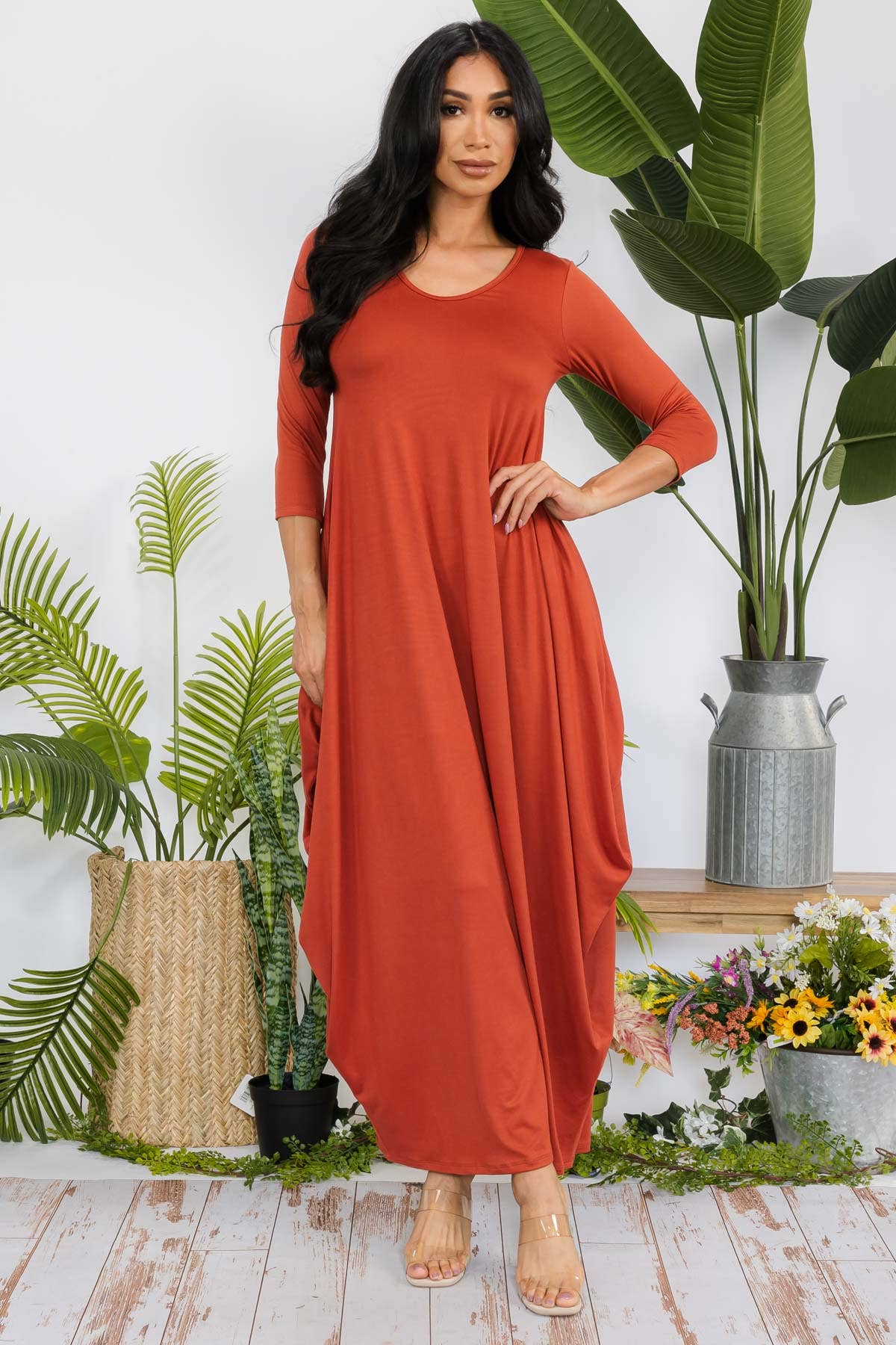 Solid 3/4 Sleeve Maxi Dress
