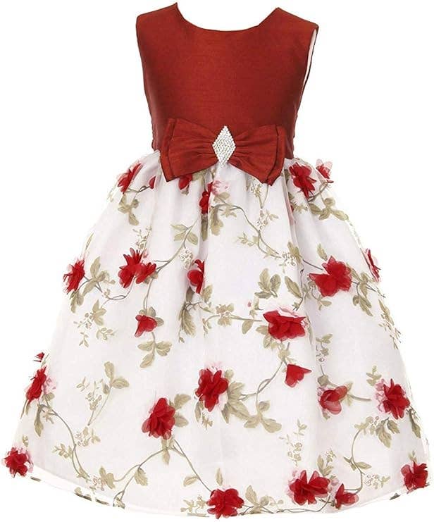 Girls Floral Embroidered Organza Dress with Bow and Brooch
