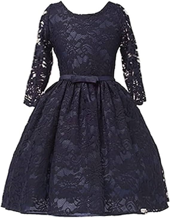 Girls Navy 3/4 Sleeve Sequin Lace Special Occasion Dress