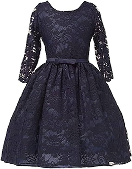 Girls Navy 3/4 Sleeve Sequin Lace Special Occasion Dress