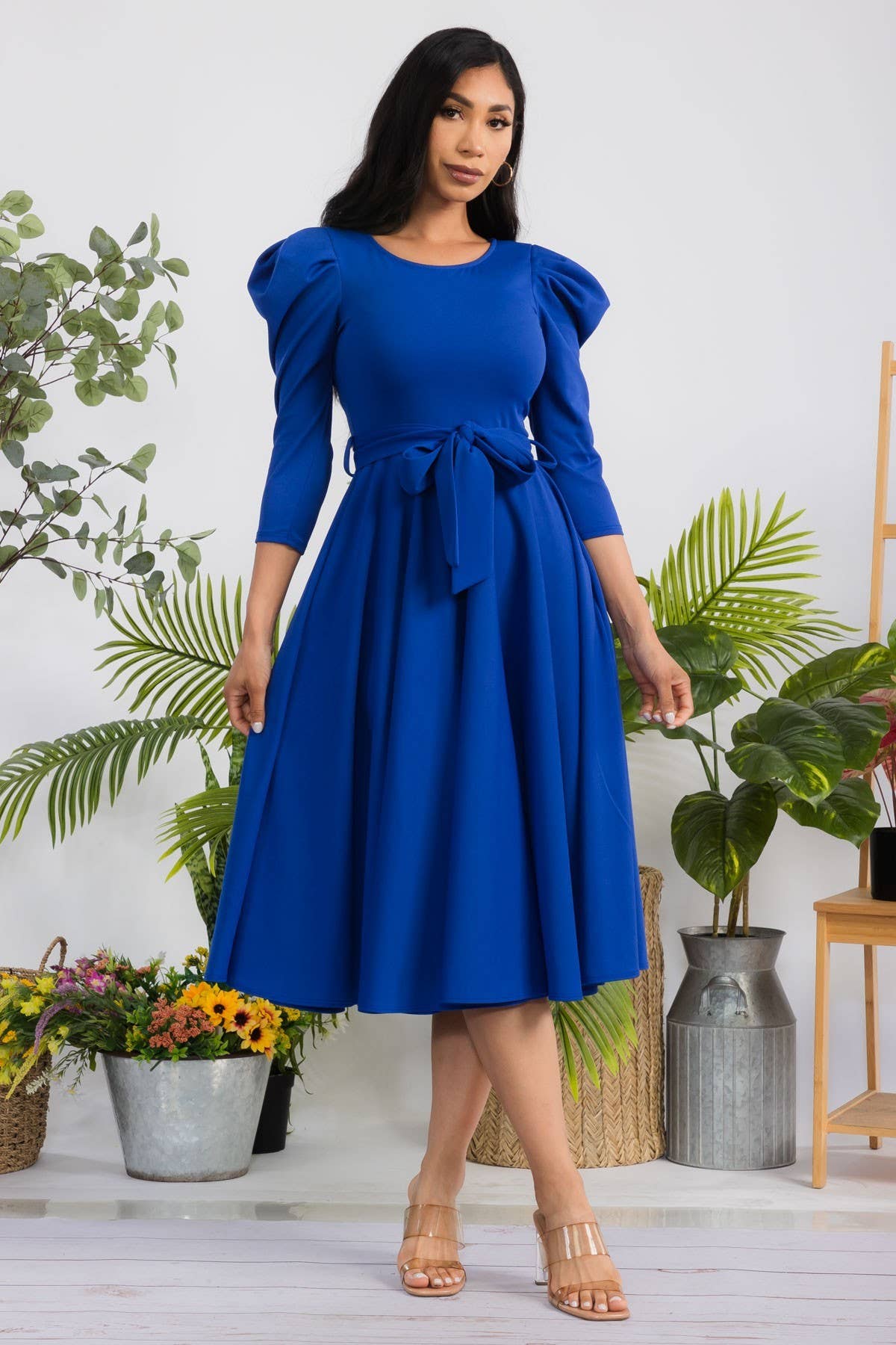 Plus Size Puff Sleeve Midi A-Line Dress