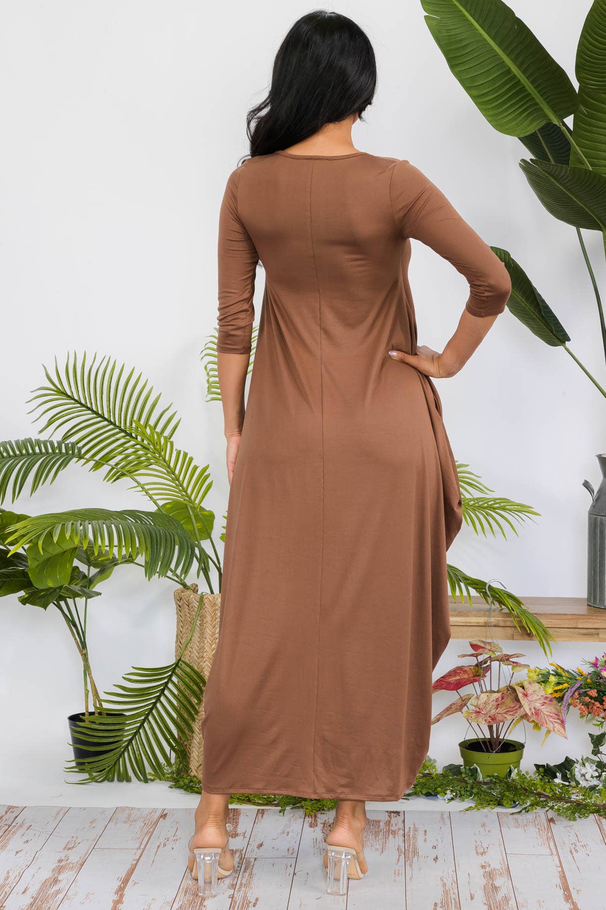 Solid 3/4 Sleeve Maxi Dress