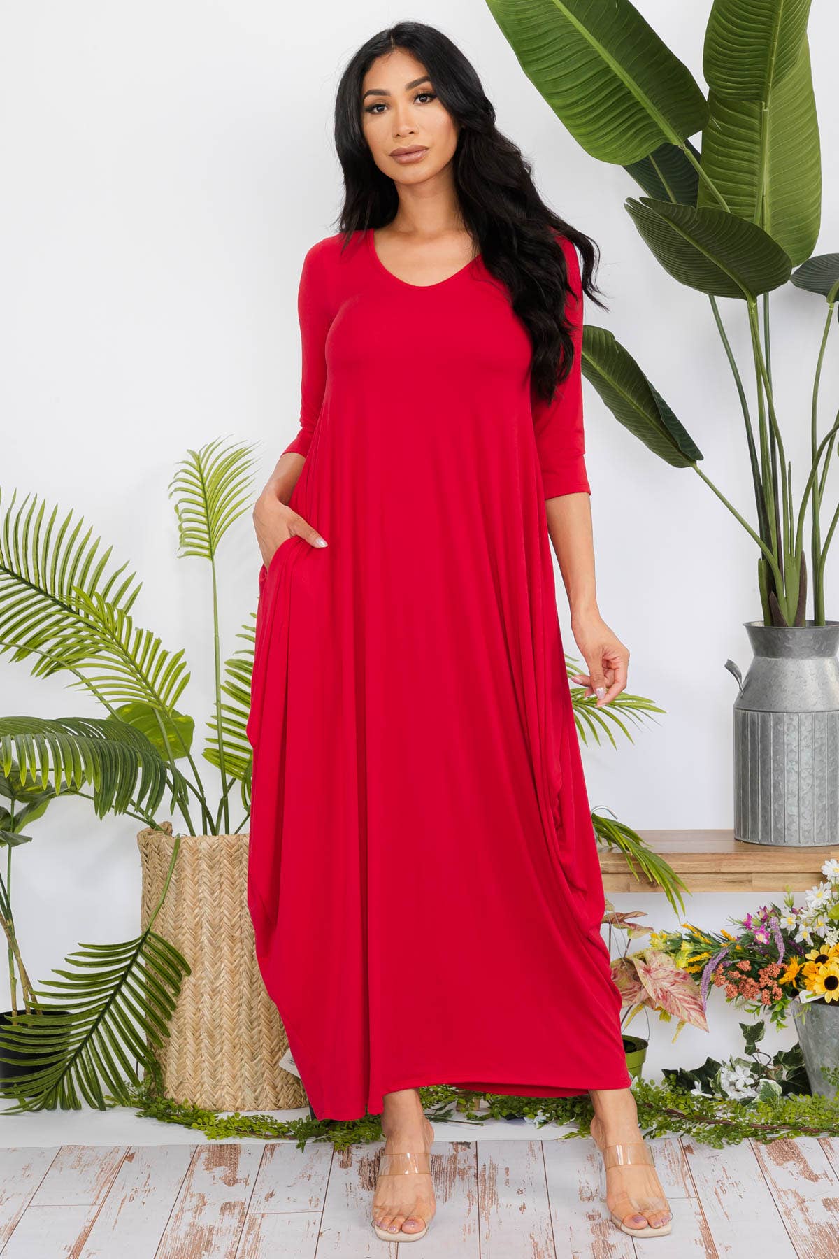 Solid 3/4 Sleeve Maxi Dress